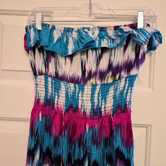 Strapless Maxi Dress Tie Dye Smocked Bodice Turquoise Pink Purple Women's L - Picture 2 of 5